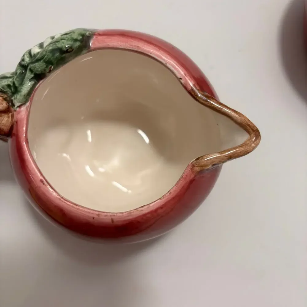 Vintage Red Apple Creamer and Covered Sugar Bowl Set Hand Painted
